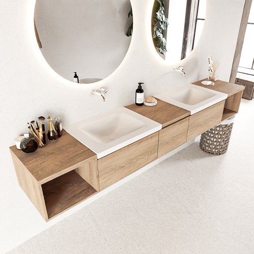 BUKLA 240cm badmeubel met open module 40 L+R kleur Washed Oak met 3 lades. Wastafel CLOUD dubbel 0 kraangaten kleur Talc.