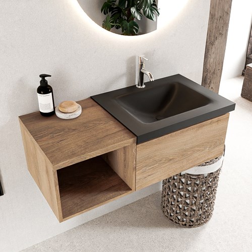 BUKLA 100cm badmeubel met open module 40 kleur Washed Oak met 1 lade. Wastafel CLOUD rechts 1 kraangat kleur Urban.