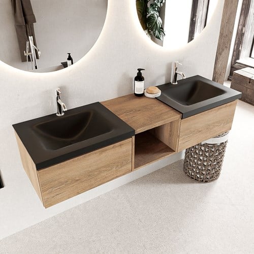 BUKLA 160cm badmeubel met open module 40 kleur Washed Oak met 2 lades. Wastafel CLOUD dubbel 2 kraangaten kleur Urban.