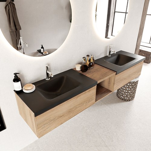 BUKLA 200cm badmeubel met open module 40 kleur Washed Oak met 2 lades. Wastafel CLOUD dubbel 2 kraangaten kleur Urban.
