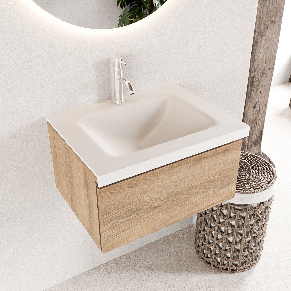 BUKLA 60cm badmeubel modulair kleur Washed Oak met 1 lade. Wastafel CLOUD  midden 1 kraangat kleur Talc.