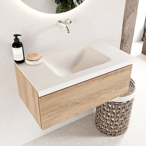 BUKLA 80cm badmeubel modulair kleur Washed Oak met 1 lade. Wastafel CLOUD midden 0 kraangaten kleur Talc.