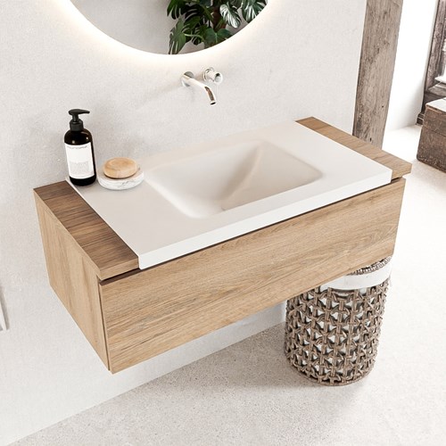 BUKLA 100cm bathroom vanity modular Washed Oak with 1 drawer. Vanity top CLOUD Center without tab hole color Talc.
