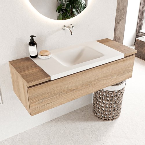 BUKLA 120cm mobili da bagno modulare Washed Oak con 1 cassetto. Lavabo CLOUD Centro senza foro per il rubinetto colore Talc.