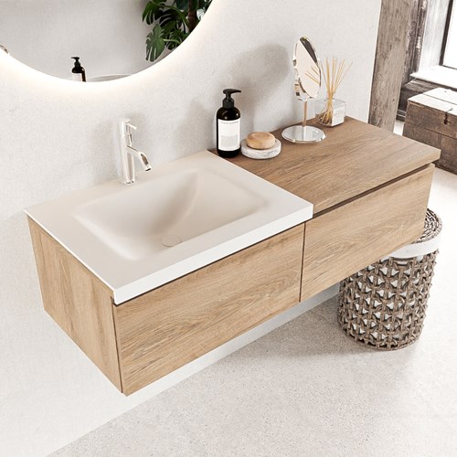 BUKLA 120cm badmeubel met module 60 kleur Washed Oak met 2 lades. Wastafel CLOUD links 1 kraangat kleur Talc.