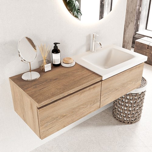 BUKLA 120cm badmeubel met module 60 kleur Washed Oak met 2 lades. Wastafel CLOUD rechts 1 kraangat kleur Talc.