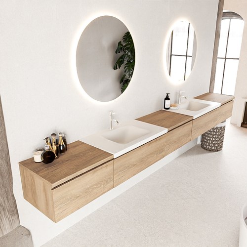 BUKLA 340cm badmeubel met module 60 kleur Washed Oak met 5 lades. Wastafel CLOUD dubbel 2 kraangaten kleur Talc.