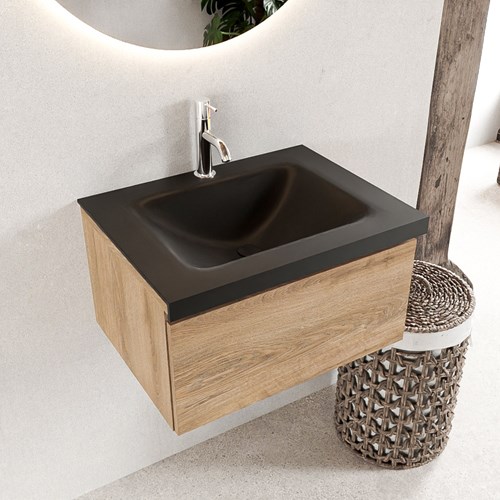 BUKLA 60cm badmeubel modulair kleur Washed Oak met 1 lade. Wastafel CLOUD midden 1 kraangat kleur Urban.