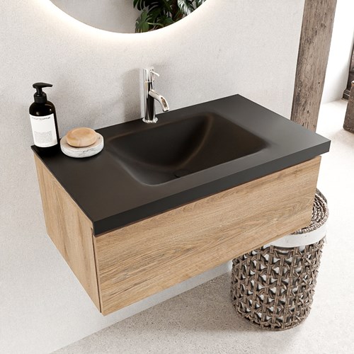BUKLA 80cm badmeubel modulair kleur Washed Oak met 1 lade. Wastafel CLOUD midden 1 kraangat kleur Urban.