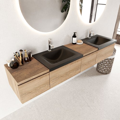 BUKLA 200cm badmeubel met module 40 rechts kleur Washed Oak met 4 lades. Wastafel CLOUD dubbel 2 kraangaten kleur Urban.