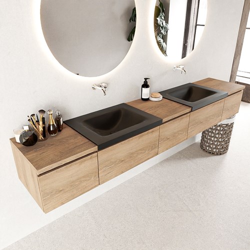 BUKLA 240cm badmeubel met module 40 kleur Washed Oak met 5 lades. Wastafel CLOUD dubbel 0 kraangaten kleur Urban.