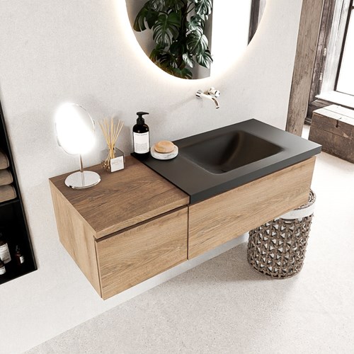 BUKLA 120cm badmeubel met module 40 kleur Washed Oak met 2 lades. Wastafel CLOUD rechts 0 kraangaten kleur Urban.