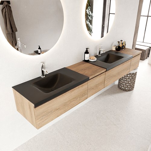BUKLA 240cm badmeubel met module 40 links kleur Washed Oak met 4 lades. Wastafel CLOUD dubbel 2 kraangaten kleur Urban.