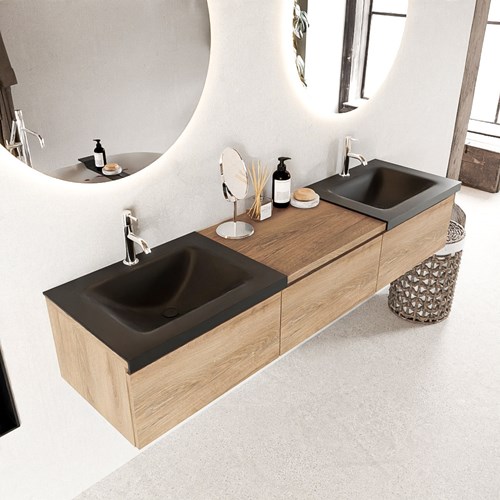 BUKLA 180cm badmeubel met module 60 kleur Washed Oak met 3 lades. Wastafel CLOUD dubbel 2 kraangaten kleur Urban.