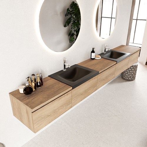 BUKLA 300cm badmeubel met module 60 kleur Washed Oak met 5 lades. Wastafel CLOUD dubbel 2 kraangaten kleur Urban.