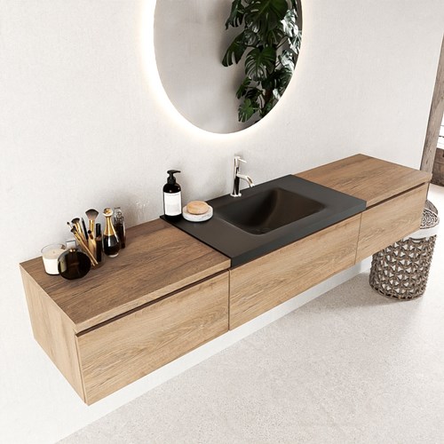 BUKLA 200cm badmeubel met module 60 kleur Washed Oak met 3 lades. Wastafel CLOUD midden 1 kraangat kleur Urban.