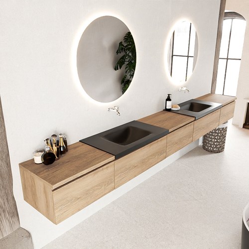 BUKLA 340cm badmeubel met module 60 kleur Washed Oak met 5 lades. Wastafel CLOUD dubbel 0 kraangaten kleur Urban.