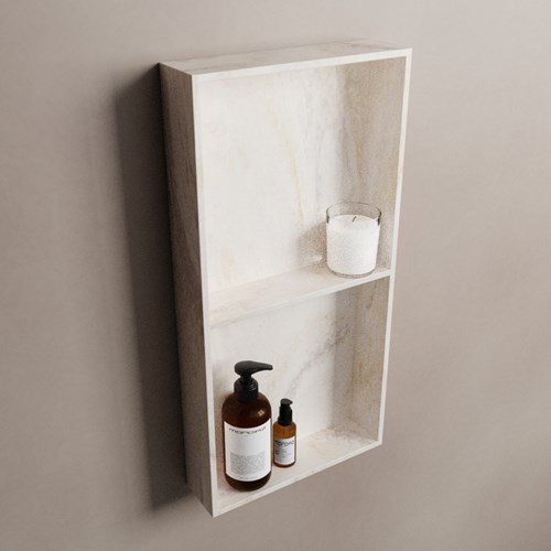 EASY Niche Murale 59,5x29,5cm solid surface couleur Ostra. 2 compartiments adapté pour une installation encastrée ou en saillie.
