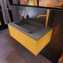 ERIN 80cm badmeubel onderkast kleur Ocher met 1 lade. Wastafel RIDGE midden 1 kraangat kleur Dark Grey.