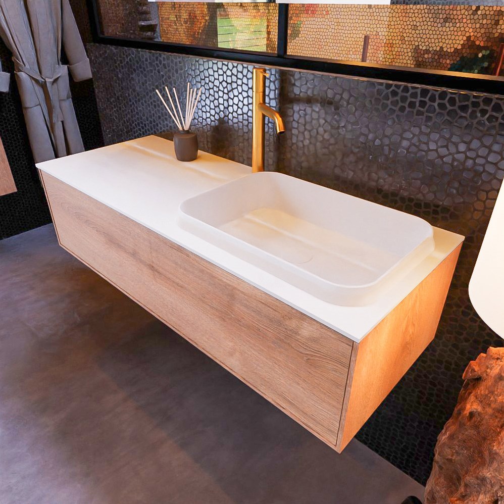 badmeubel onderkast kleur Washed Oak met 1 lade. Wastafel RIDGE rechts kraangat kleur