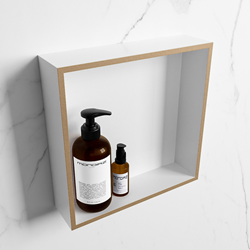 EASY shower niche 29,5x29,5cm solid surface color Oro / Talc. 1 compartment suitable for built-in or surface-mount installation.