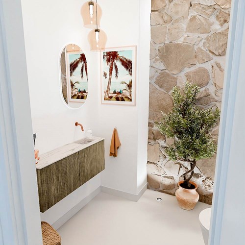 JOYA-DLUX 100cm mueble fondo reducido color Dusk. Lavabo FAYE posición Derecho sin orificio color Nata.
