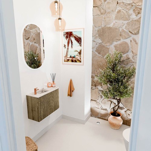JOYA-DLUX 61,6cm mueble fondo reducido curva derecha color Dusk. Lavabo FAYE posición Izquierda 1 orificio color Nata.
