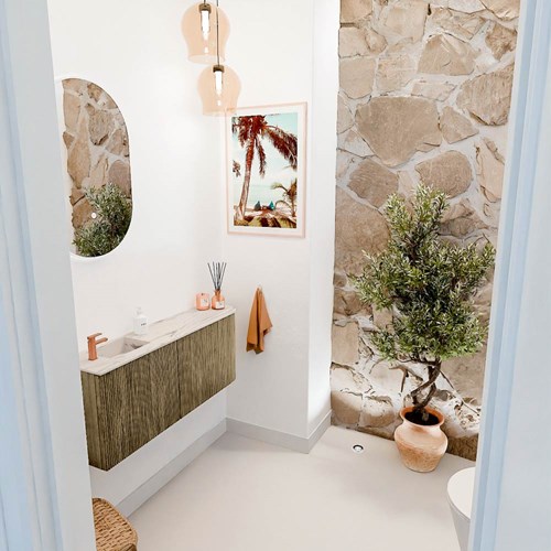 JOYA-DLUX 101,6cm mueble fondo reducido curva derecha color Dusk. Lavabo FAYE posición Izquierda 1 orificio color Nata.
