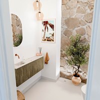 JOYA-DLUX 111,6cm mueble fondo reducido curva derecha color Dusk. Lavabo FAYE posición Izquierda sin orificio color Nata.
