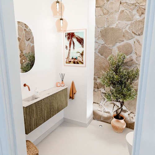 JOYA-DLUX 111,6cm mueble fondo reducido curva derecha color Dusk. Lavabo FAYE posición Izquierda sin orificio color Nata.