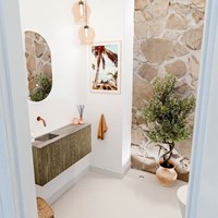 JOYA-DLUX 90cm meuble lave-main couleur Dusk. Lavabo FAYE position Gauche sans trou pour robinet couleur Oza.