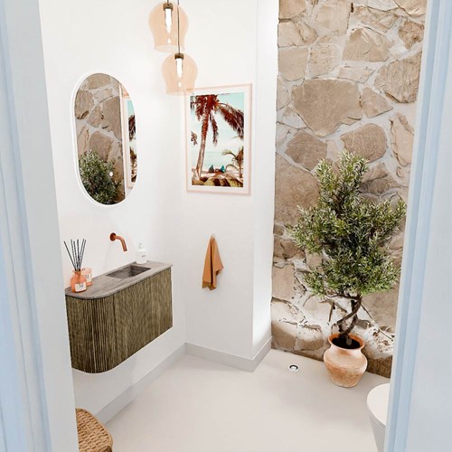JOYA-DLUX 61,6cm mueble fondo reducido curva izquierda color Dusk. Lavabo FAYE posición Derecho sin orificio color Oza.