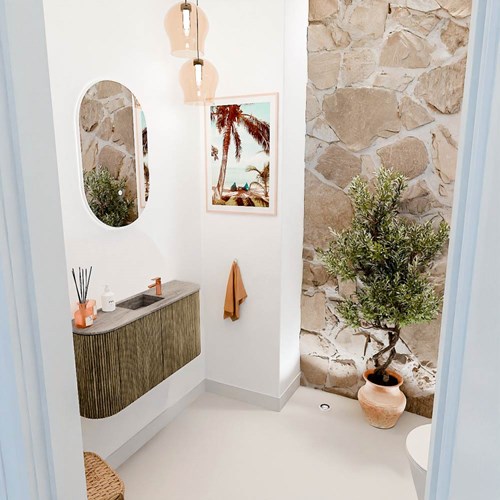 JOYA-DLUX 83,2cm meuble lave-main courbe gauche + droite couleur Dusk. Lavabo FAYE position Centrée 1 trou pour robinetter couleur Oza.