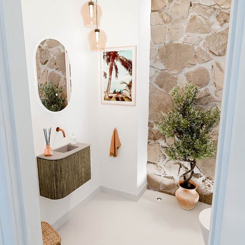 JOYA-DLUX 51,6cm toiletmeubel ronding links kleur Dusk. Wastafel FAYE positie Rechts Zonder kraangat kleur Saba.