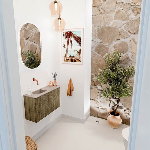 JOYA-DLUX 71,6cm toiletmeubel ronding rechts kleur Dusk. Wastafel FAYE positie Links Zonder kraangat kleur Saba.