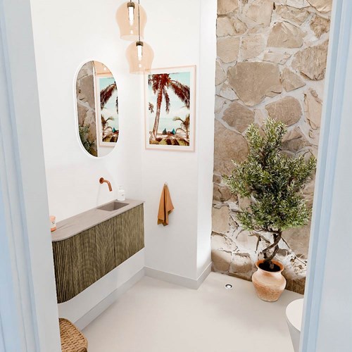 JOYA-DLUX 91,6cm toiletmeubel ronding links kleur Dusk. Wastafel FAYE positie Rechts Zonder kraangat kleur Saba.