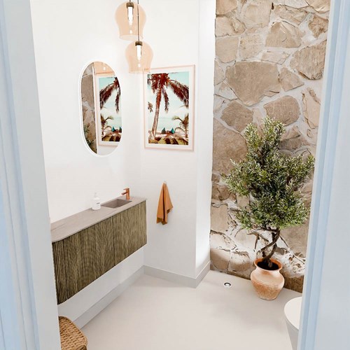 JOYA-DLUX 101,6cm toiletmeubel ronding links kleur Dusk. Wastafel FAYE positie Rechts 1 kraangat kleur Saba.