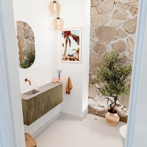JOYA-DLUX 101,6cm toiletmeubel ronding rechts kleur Dusk. Wastafel FAYE positie Links Zonder kraangat kleur Saba.
