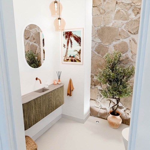 JOYA-DLUX 113,2cm toiletmeubel ronding links + rechts kleur Dusk. Wastafel FAYE positie Midden Zonder kraangat kleur Saba.