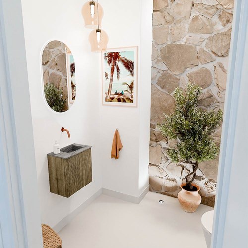 JOYA-DLUX 40cm toiletmeubel kleur Dusk. Wastafel FAYE positie Rechts Zonder kraangat kleur Sombra.