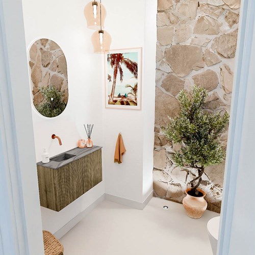 JOYA-DLUX 70cm mueble fondo reducido color Dusk. Lavabo FAYE posición Izquierda sin orificio color Sombra.