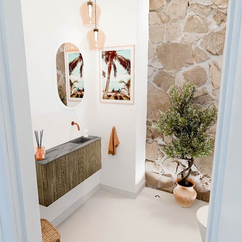 JOYA-DLUX 90cm meuble lave-main couleur Dusk. Lavabo FAYE position Droite sans trou pour robinet couleur Sombra.