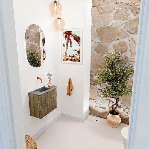 JOYA-DLUX 51,6cm cloakroom vanity set curve right color Dusk. Vanity top FAYE position Left without tab hole color Sombra.