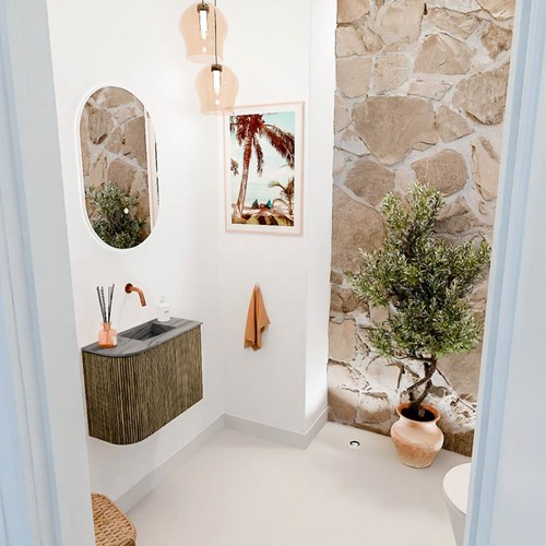 JOYA-DLUX 51,6cm toiletmeubel ronding links kleur Dusk. Wastafel FAYE positie Rechts Zonder kraangat kleur Sombra.