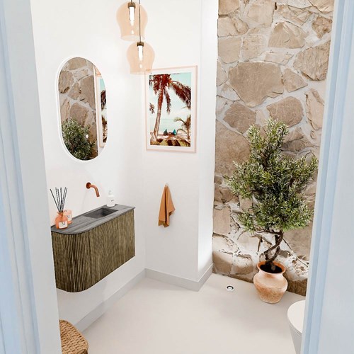 JOYA-DLUX 61,6cm mobile lavabo colore curva sinistra Dusk. Lavabo FAYE posizione Destra senza foro per il rubinetto colore Sombra.