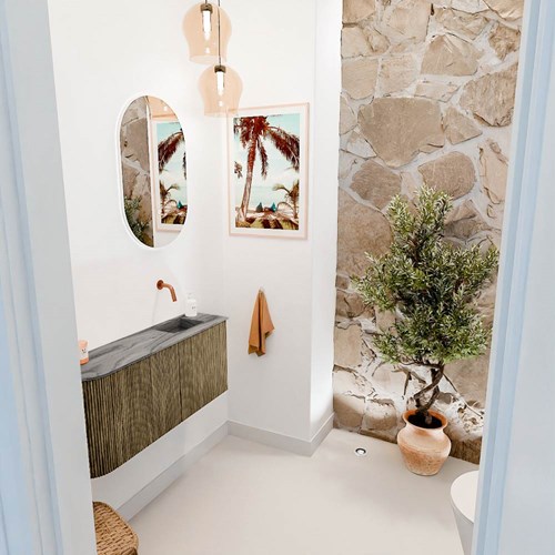 JOYA-DLUX 91,6cm toiletmeubel ronding links kleur Dusk. Wastafel FAYE positie Rechts Zonder kraangat kleur Sombra.