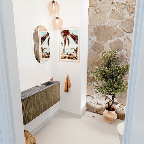 JOYA-DLUX 101,6cm toiletmeubel ronding links kleur Dusk. Wastafel FAYE positie Rechts 1 kraangat kleur Sombra.