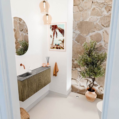 JOYA-DLUX 101,6cm toiletmeubel ronding rechts kleur Dusk. Wastafel FAYE positie Links Zonder kraangat kleur Sombra.