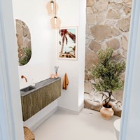 JOYA-DLUX 111,6cm meuble lave-main courbe droite couleur Dusk. Lavabo FAYE position Gauche sans trou pour robinet couleur Sombra.
