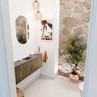 JOYA-DLUX 123,2cm mueble fondo reducido curva izquierda + derecha color Dusk. Lavabo FAYE posición Centro 1 orificio color Sombra.